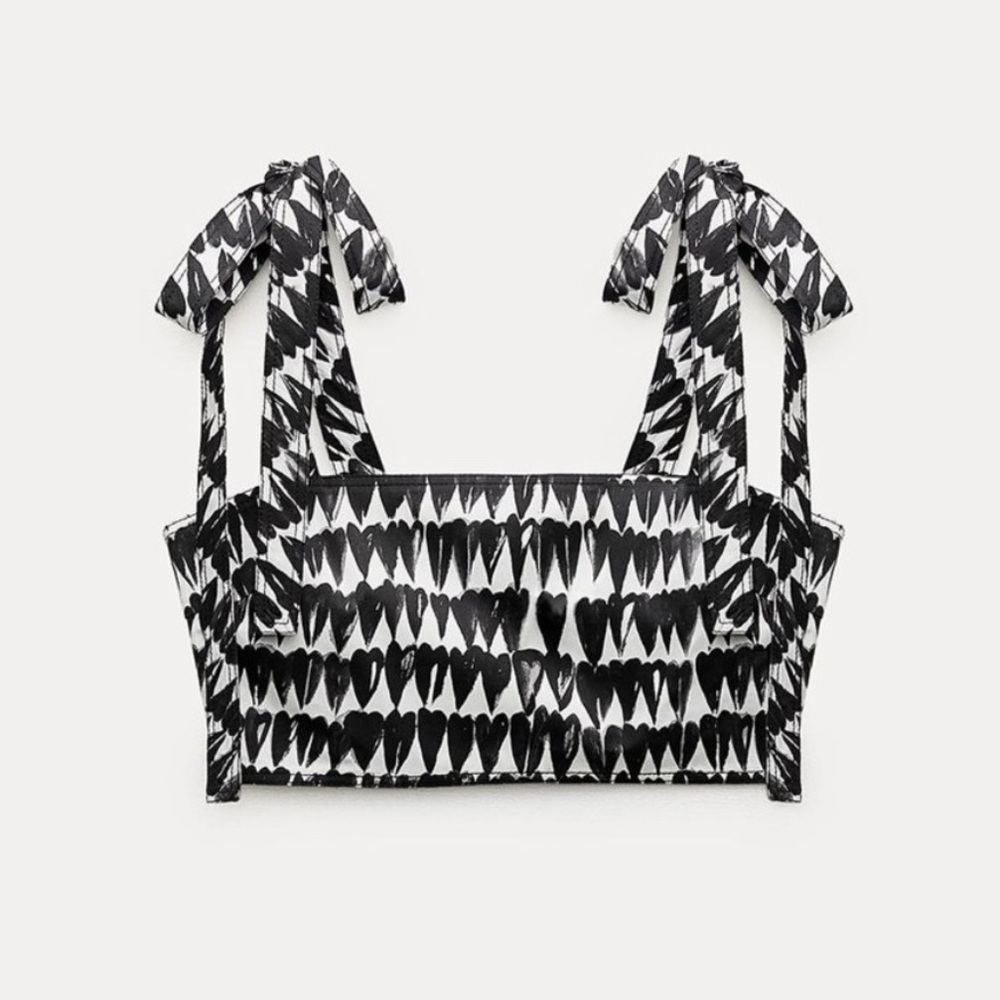 ZARA Black and White Printed Crop Top with Tie Straps - ZW Collection